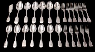 A matched silver Fiddle pattern part flatware service, various dates and makers, George III,