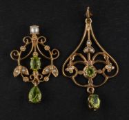 Two 9ct gold, peridot, mabe and seed pearl, openwork pendants, one with hallmarks for London, 2006,