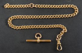 A curb-link Albert watch chain, with dog clip and loose T-bar, total length ca.
