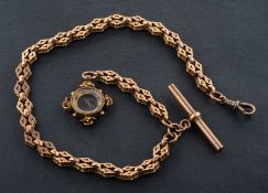 A fancy-link Albert watch chain with a compass fob, T-bar and dog clip,