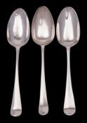 Three Hanoverian silver tablespoons, maker Thomas Evans & George Smith 1768, 60gms,