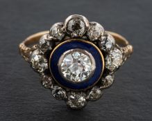An early 19th century, blue enamel and old-cut diamond target ring,