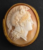 A cameo shell brooch, depicting a goddess wearing a plumed helmet with a mermaid,