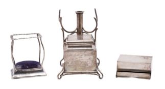 A George V silver desk inkwell and pen holder, maker Alexander Crichton,