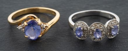 Two oval, mixed-cut tanzanite and diamond rings, including an 18ct gold ring,