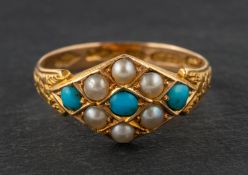 A Victorian, 15ct gold, turquoise and seed pearl cluster ring, with hallmarks for Birmingham, 1900,