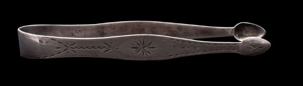 A pair of George III silver bright cut sugar tongs, maker RJ, 0.9 ozs.