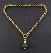 A reeded, belcher-link bracelet, stamped '9CT' together with a nephrite, bell charm,