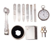 An assortment of London silver comprising: matchbox holder with Reg No.