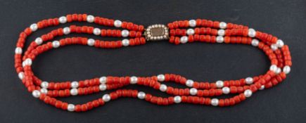 A coral and cultured pearl, triple-strand, choker necklace, diameter of coral ca. 4.