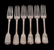 A set of five Victorian silver Fiddle pattern table forks, makers Joseph & Albert Savory,