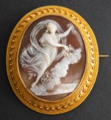 A cameo shell brooch depicting Chloris, the goddess of flowers, with cannetille surround, length ca.