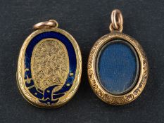 Two late 19th/ early 20th century, oval locket pendants, one with blue enamel buckle decoration,
