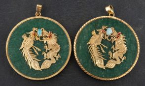 A pair of Chinese, circular, aventurine quartz pendants,