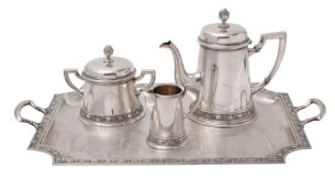A Swiss silver 800 three-piece coffee set on a twin-handled tray,