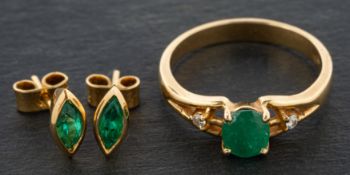 A round, mixed-cut emerald and diamond, three-stone ring and a pair of navette-shaped,