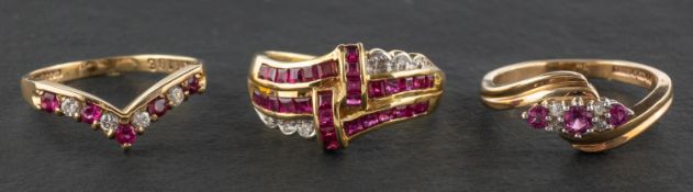 Three ruby and diamond rings, including a 9ct gold, ruby and round,