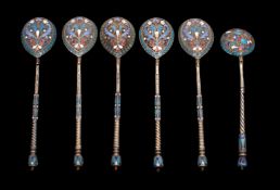 A set of five Imperial Russian silver gilt and Champleve Caviar Spoons,