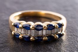 An 18ct gold, sapphire and baguette-cut diamond, three-row, half-eternity ring,