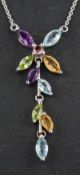 A 9ct gold vari-coloured gemset necklace, of flowerhead design, including inter alia, blue topaz,