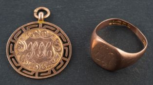 A 9ct gold, signet ring and pendant, the ring engraved with indistinct monogram,