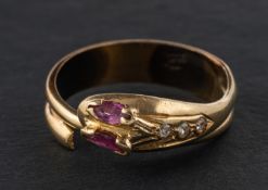A ruby and white paste snake ring, stamped '585', length of ring head ca. 1.