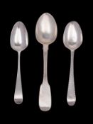 A George III silver teaspoon, London 1785 plain unmarked to front, and another marked 'VS',