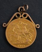 A George V sovereign coin, dated 1914, diameter ca. 22mms, mounted as a pendant, total weight ca.