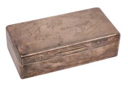 A George VI silver cigarette casket, makers Mappin & Webb, London 1939, three division wood lining,