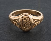 A 9ct gold signet ring, engraved with initials, 'EI', hallmarks for London, 1950,