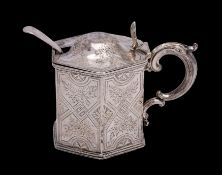 A Victorian silver hexagonal lidded mustard, makers probably Hilliard & Thomason,