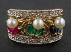 A cultured pearl, single-cut diamond and navette-shaped, ruby, emerald and sapphire openwork ring,