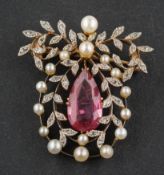 A Garland-style, pear-shaped, mixed-cut pink tourmaline, rose-cut diamond,