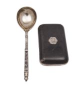 A late 19th Century Russian Niello snuff box and snuff spoon the box with piano hinge marked to