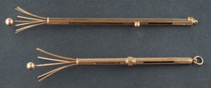 Two Art Deco, 9ct gold, hexagonal swizzle sticks, by Sampson Mordan & Co,