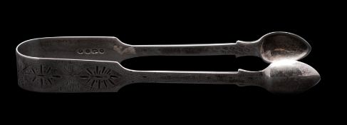 A pair of Victorian engraved silver fiddle pattern sugar tongs, maker Charles Boyton, London 1842,