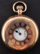 A 9ct Gold half-hunter pocket watch the white enamel dial with black Roman numerals,