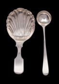 A William IV silver caddy spoon together with a George III small silver sauce ladle;