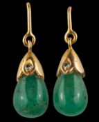 A pair of single-cut diamond and pear-shaped, cabochon-cut emerald drop earrings,