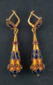A pair of 18ct gold, blue and red cloisonné enamel cone, drop earrings, with cannetille decoration,