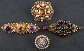 Four gemset brooches, including a diamond and seed pearl cluster brooch; a Victorian,