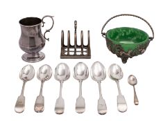 A silver plated circular swing-handled sugar basket with pierced and embossed decoration of animals