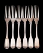 A set of six William IV silver fiddle pattern dessert forks, makers Joseph & Albert Savory,