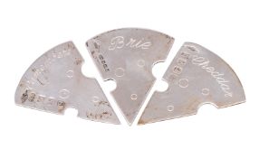 A set of three silver cheese labels, 'Camembert', 'Brie' and 'Cheddar', makers Braybook & Britten,