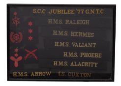 A group of seven Royal Navy hat tallies: including HMS Cuxton, HMS Hermes etc,