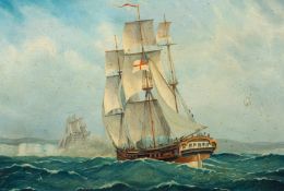 British School (early 20th century) Two ships at full sail oil on board 36 x 53cm