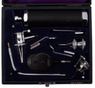 A mid 20th century cased Ophthalmoscope: maker Gowllands, in a black leather case.