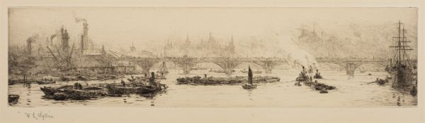 William Lionel Wyllie [1851-1931]- 'The Shot Tower and London Bridge:, drypoint etching,
