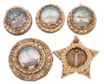 A group of five early 20th shellwork wall hangings: comprising a gilt brass foul anchor