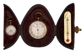 A late 19th century leather cased pocket barometer and compass set: the 1 1/12 inch dial barometer